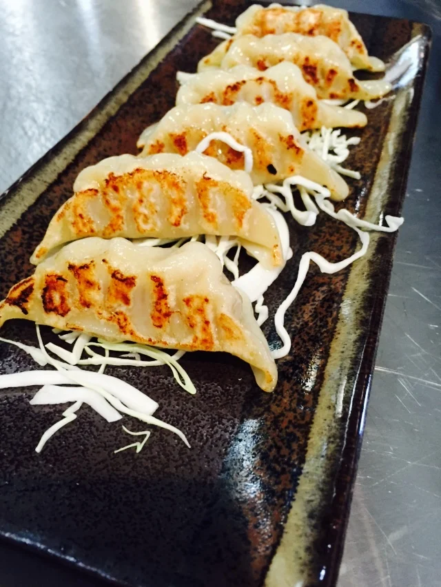 Pan-fried gyoza on a stone plate